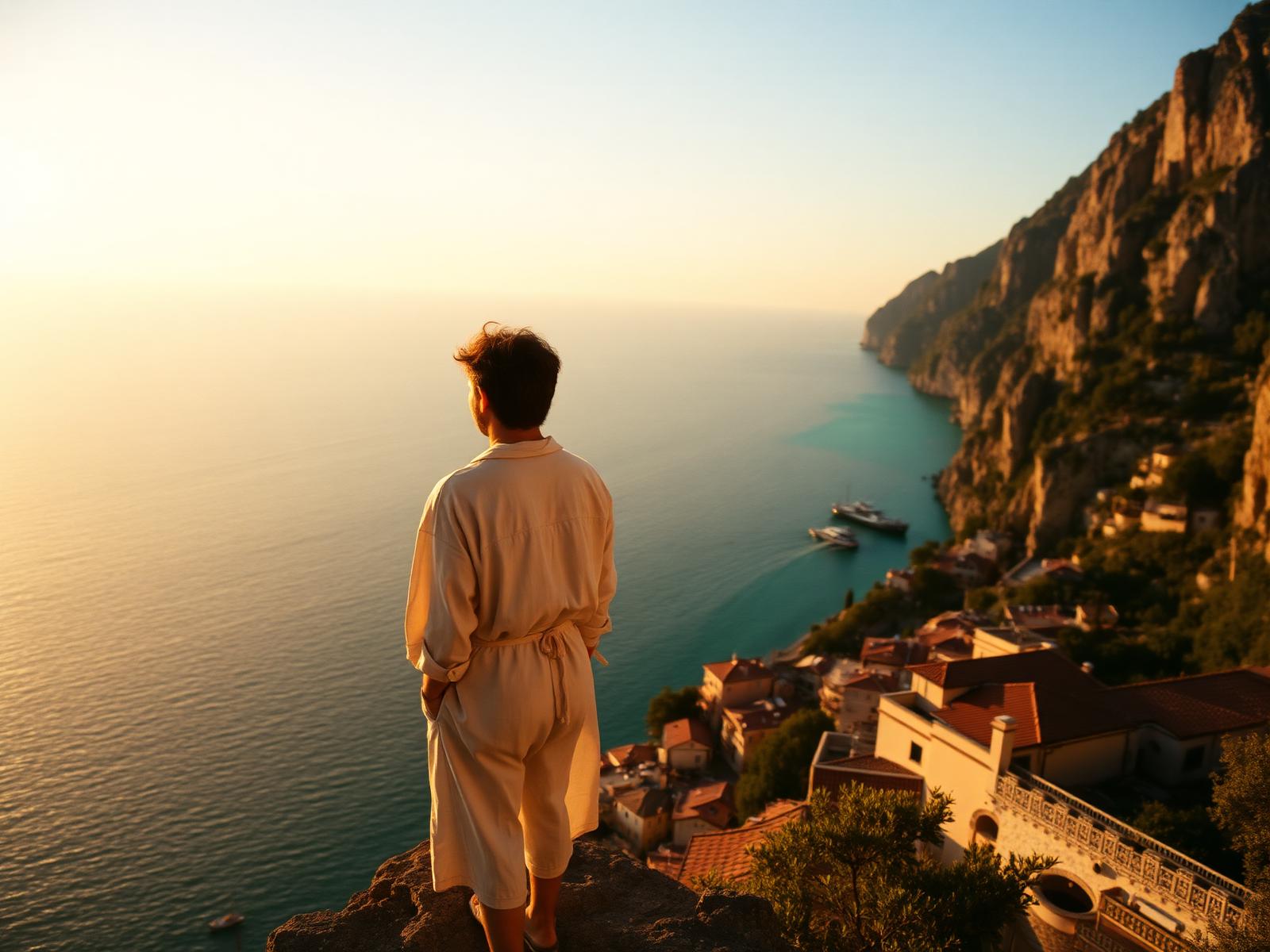 Traveler overlooking the Amalfi coast at golden hour